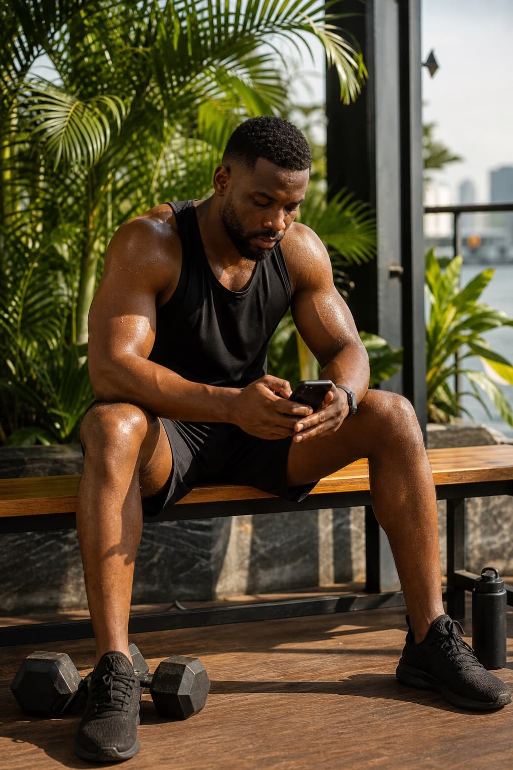 A man resting between sets checking his workout plan